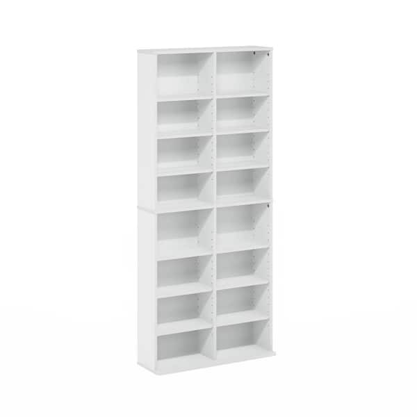 JAYA White 16-Shelf Multimedia Media Storage Tower Rack with Adjustable Shelves