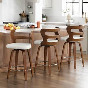 Arabela 26 in. White Solid Wood Swivel Bar Stool Faux Leather Kitchen Counter Stool with Walnut Frame Set of 3
