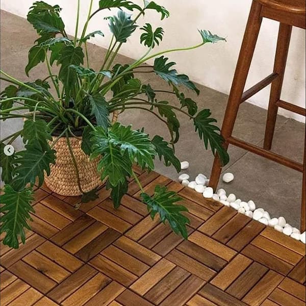 12 in. x 12 in. Acacia Wood Interlocking Flooring Deck Tile Checker Pattern Brown 12 Slats (10-Pack)