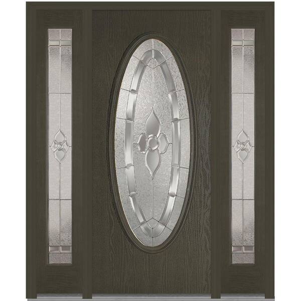 MMI Door 64 in. x 80 in. Master Nouveau Right-Hand Oval Lite Decorative Stained Fiberglass Oak Prehung Front Door with Sidelites