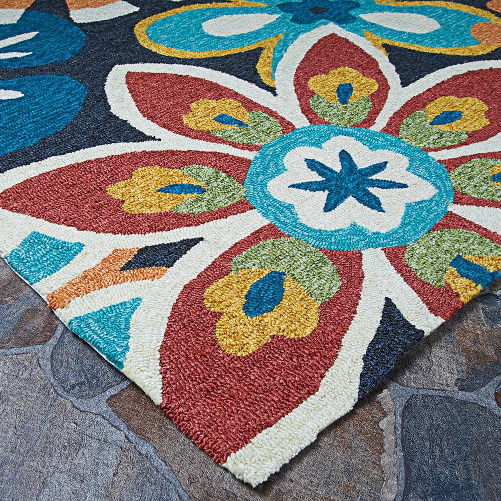 Navy Blue Floral Hand-Hooked Rectangular Area Rug