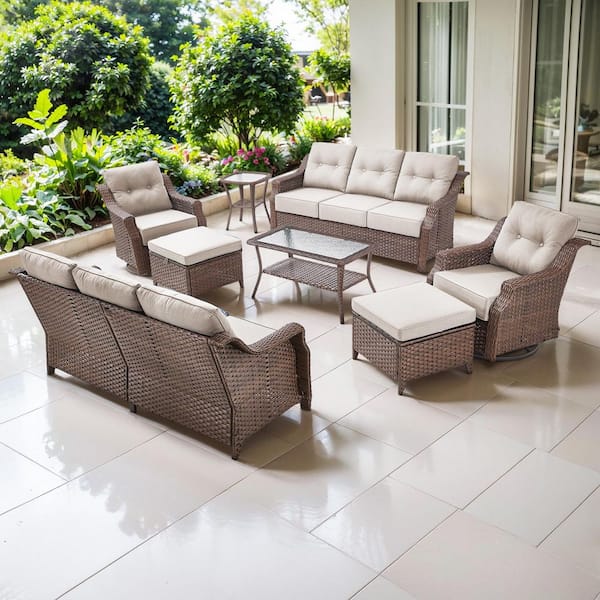 Artisan Brown 8-Piece Wicker Patio Conversation Set with 3-Seat Sofas, Swivel Rockers, and Olefin Beige Cushions