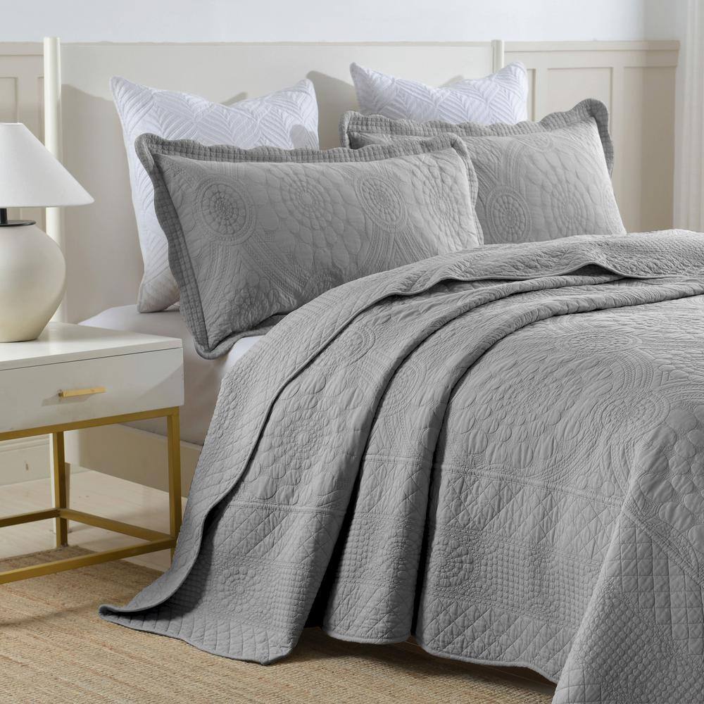 Light Grey Cotton Queen Oversized Quilt Bedspread Set