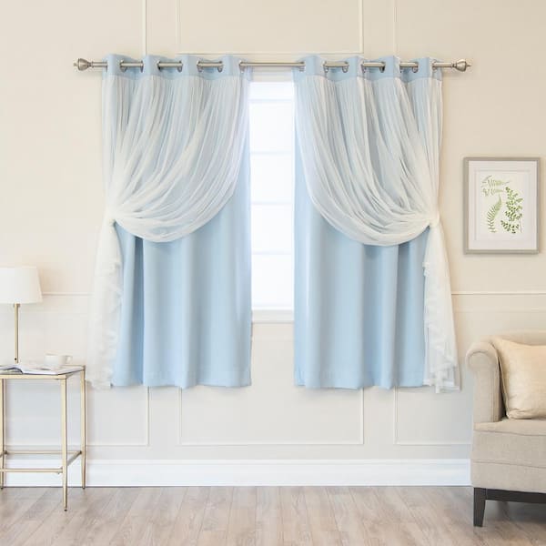 Best Home Fashion Sky Blue Tulle Lace Solid 52 in. W x 63 in. L Grommet Blackout Curtain (Set of 2)