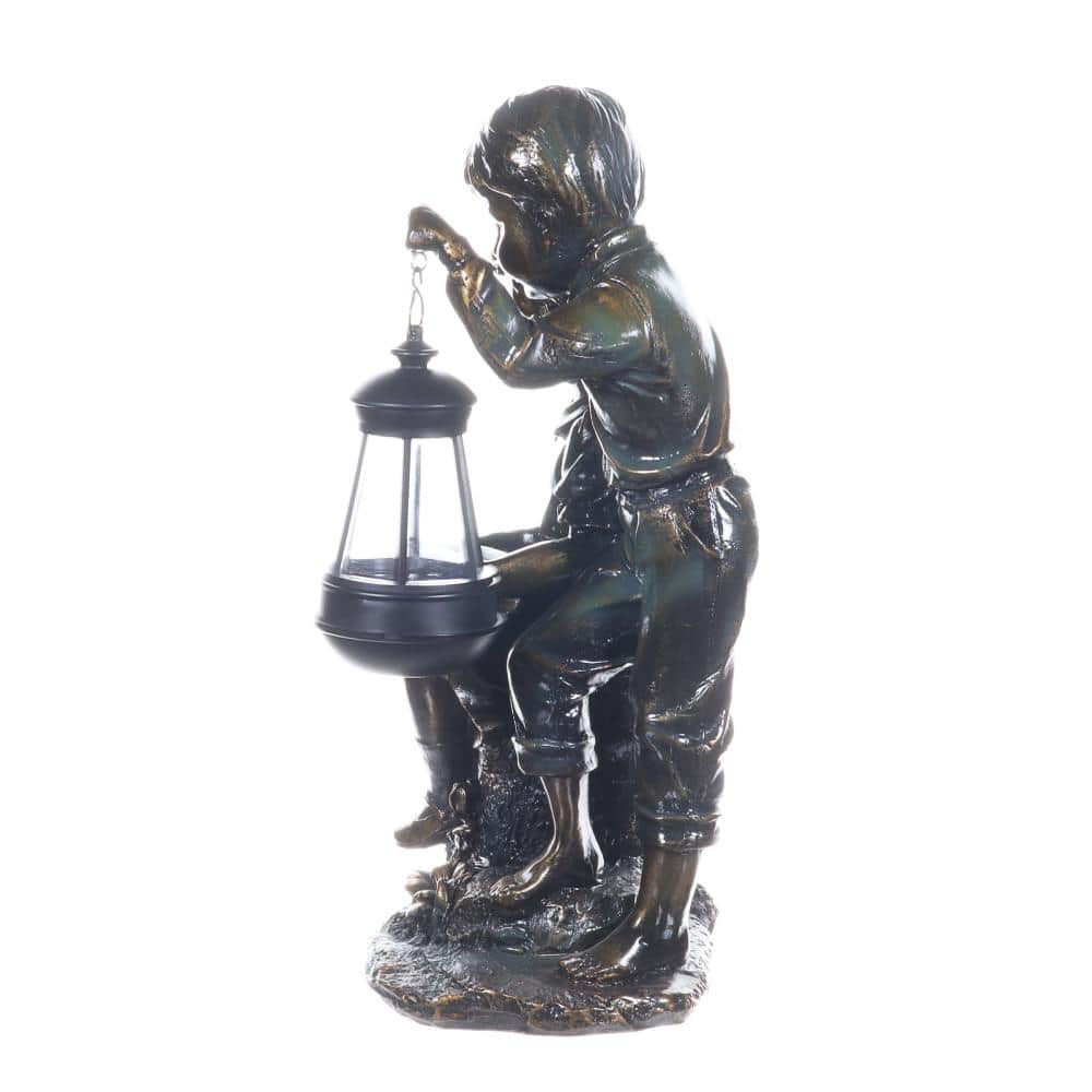 Solar Faux Bronze Girl and Boy Garden Statue with LED Lantern