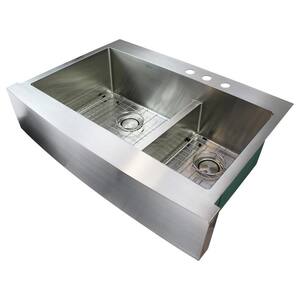 Diamond Farmhouse/Apron-Front Stainless Steel 36 in. 3-Hole Double Offset Bowl Kitchen Sink in Brushed