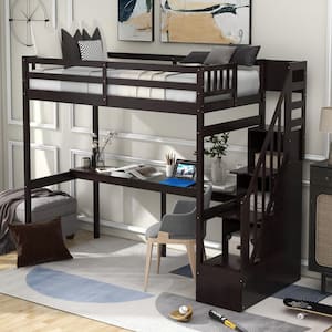 Espresso Twin Size Wood Loft Bed with Stairway and Storage Drawers Loft Bed Frame with Long Desk for Kids