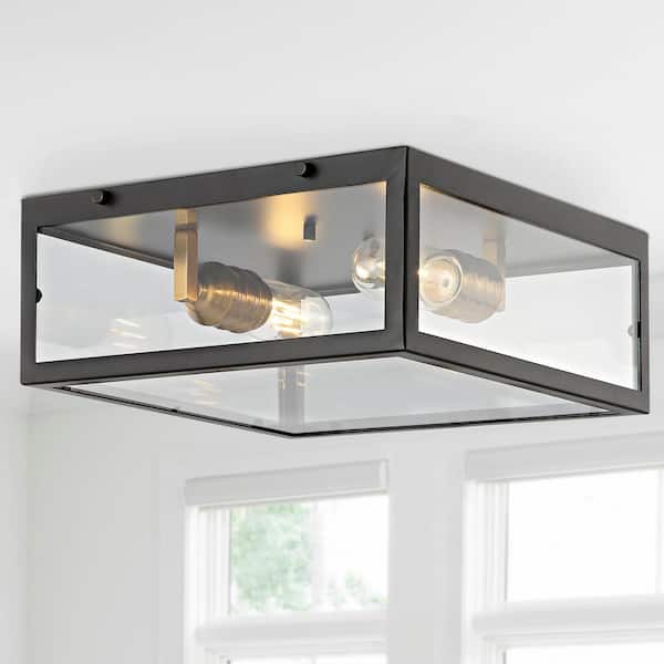 JONATHAN Y Grayson 12 in. 2-Light Oil Rubbed Bronze Bohemian Farmhouse Iron/Glass LED Flush Mount, Brass Gold/Clear