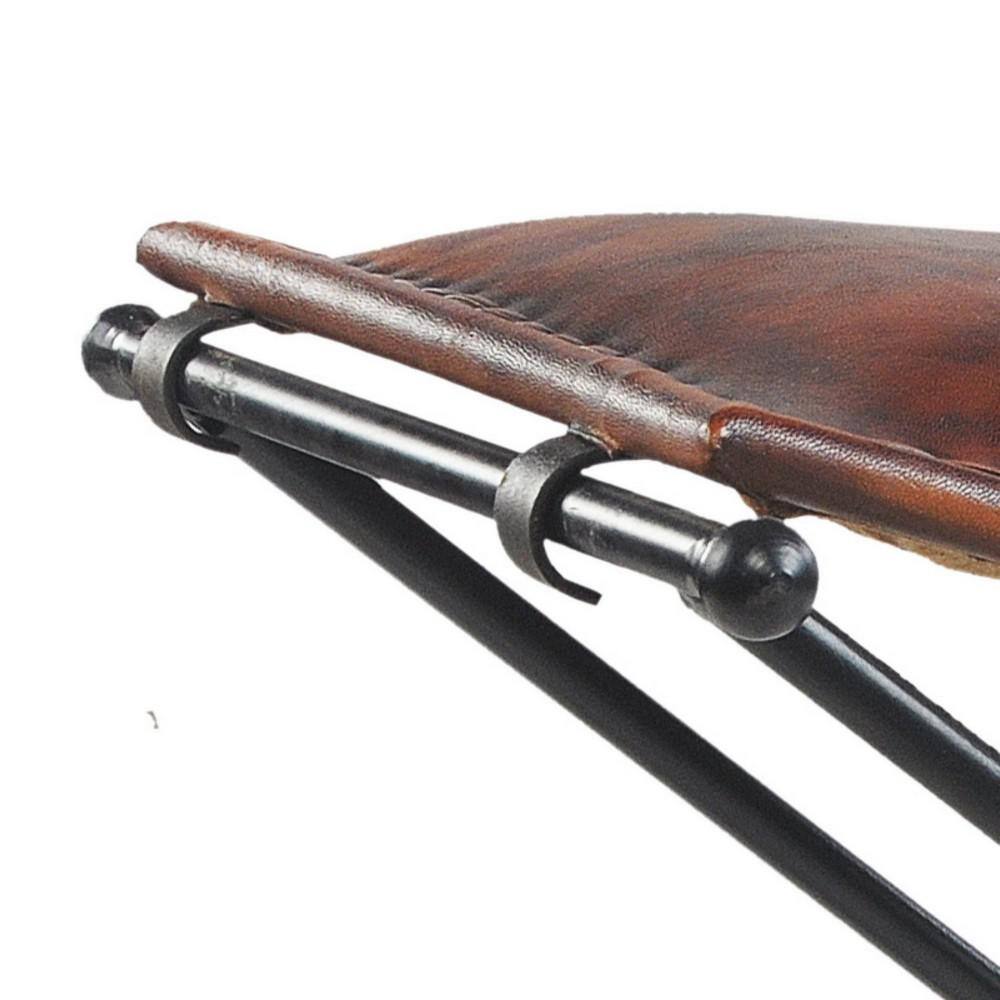 Warm Brown Leather & Black Iron Foldable Accent Stool