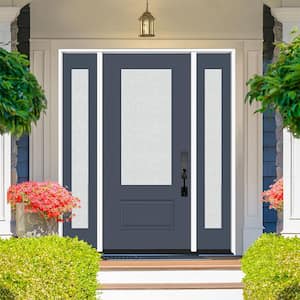 Legacy 64 in. x 80 in. 3/4-Lite Rain Glass LHIS Primed Dark Denim Finish Fiberglass Prehung Front Door with dB 12 in. SL