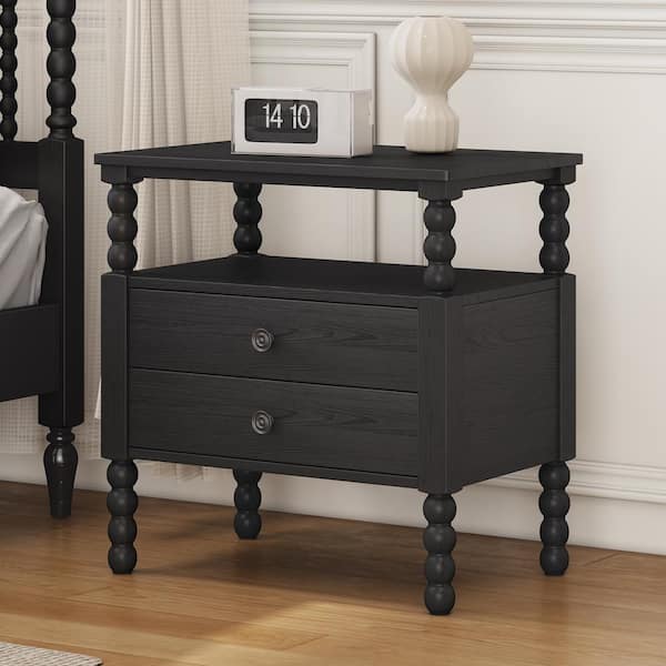 Harper & Bright Designs Antique Black 2-Drawer 26 in. W Wooden Nightstand with Open Storage, Gourd Shaped Legs