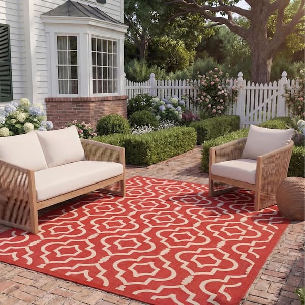 Courtyard Red/Bone 8 ft. x 11 ft. Geometric Indoor/Outdoor Patio Area Rug