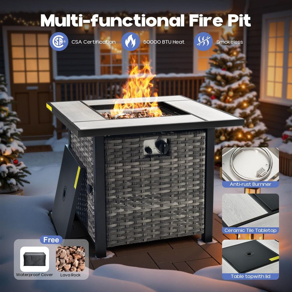 A gray wicker fire pit table with a ceramic tile top and a burning flame in the center.