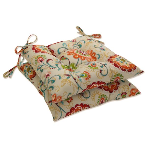 Pillow Perfect Floral 19 x 18.5 Outdoor Dining Chair Cushion in Multicolored/Tan (Set of 2)