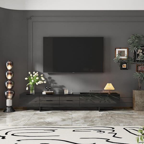 FUFU&GAGA Black Mirror Finished TV Stand Entertainment Center Fits TV's up to 85 in. with 5-Drawer and Marble-Tone Open Shelf