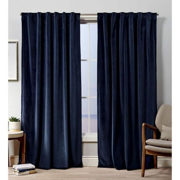 EXCLUSIVE HOME Velvet Navy Solid Light Filtering Hidden Tab / Rod Pocket Curtain, 52 in. W x 96 in. L (Set of 2)