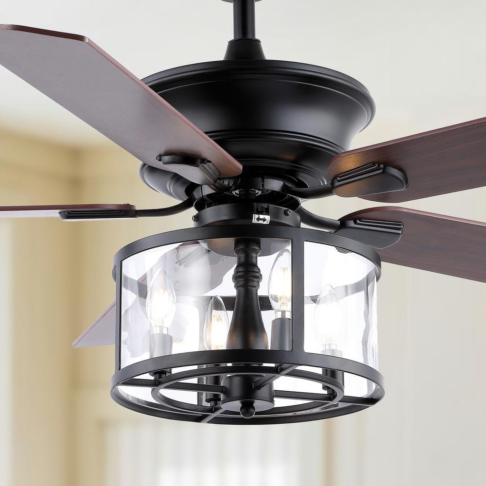 JONATHAN Y Braxton 52 in. 4-Light Black Farmhouse Industrial Iron Drum Shade LED Ceiling Fan with Remote