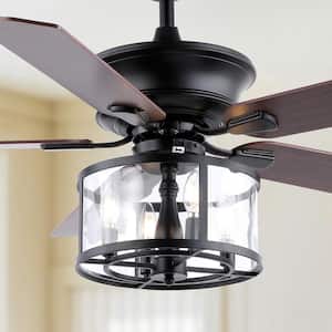 Braxton 52 in. 4-Light Black Farmhouse Industrial Iron Drum Shade LED Ceiling Fan with Remote