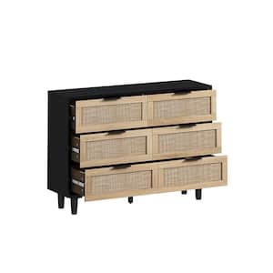 43.31 in. W x 15.75 in. D x 29.53 in. H Black Wood Linen Cabinet with 6 Natural Rattan Drawers