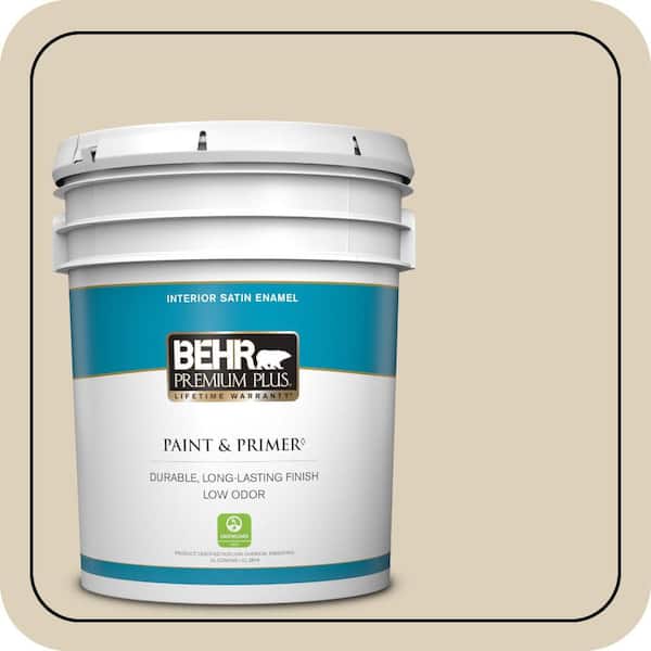 BEHR PREMIUM PLUS 5 gal. #BWC-26 Stucco Tan Satin Enamel Low Odor Interior Paint & Primer