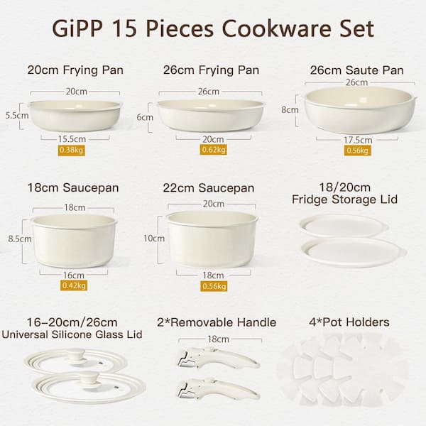 15 Piece Cream Ceramic Nonstick Cookware Set with Detachable Handles Induction Safe Pots and Pans