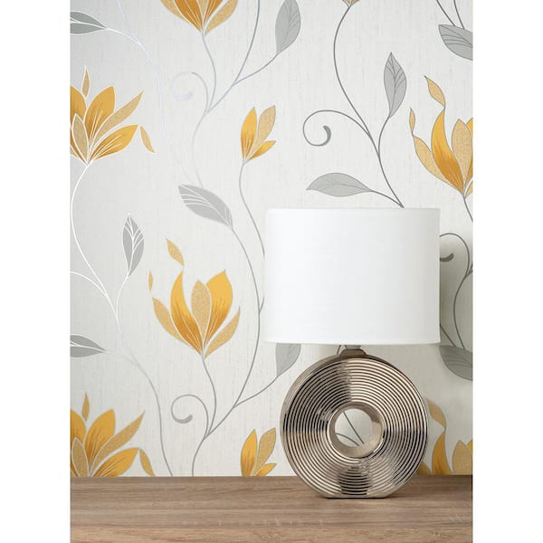 Synergy Yellow Floral Metallic Non-pasted Paper Wallpaper