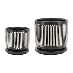 5 in. /6 in. Black Stripes Ceramic Planter Stand Plant Pot for Outdoor/Indoor Stand (2-Pack)