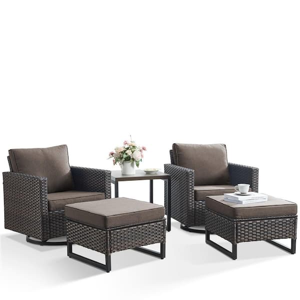 Carlos Gray 5-Piece All-Weather Brown Wicker Patio Conversation Set with Swivel Chairs and Ottomans