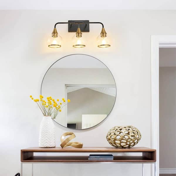 23 in. W 3 Light Black and Gold Vanity Light with Lamp Holders and Shade for Mirror, Bathroom, NO Bulbs Included