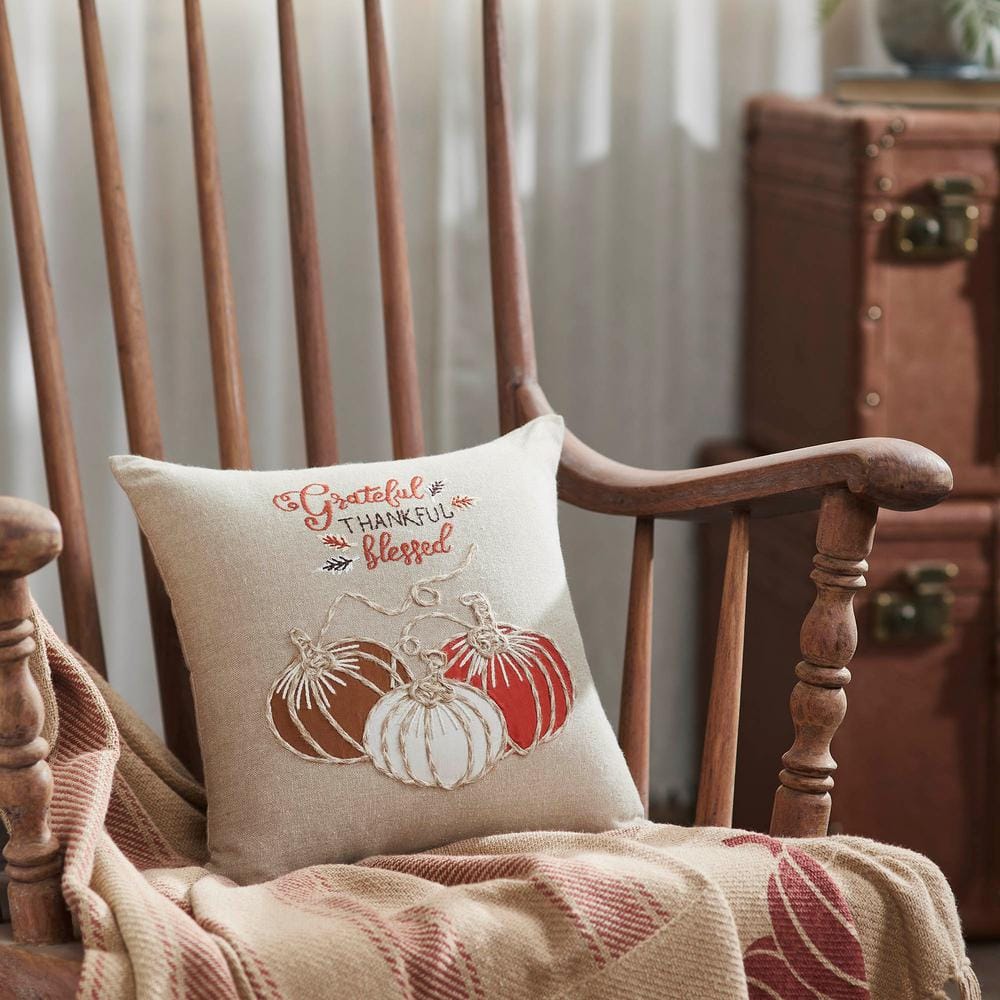 Grateful Thankful Blessed Embroidered Cotton Blend Thanksgiving Pillow