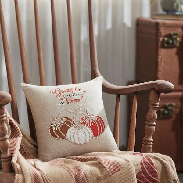 VHC Brands Seasons Crest Multi Embroidered Appliqued 12 in. x 12 in. Grateful Thankful Blessed Decorative Throw Pillow