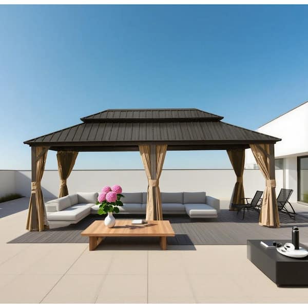 Benja 18 ft. x 12 ft. Aluminum Hardtop Gazebo in Brown with Double Galvanized Steel Roofs and Mosquito Net