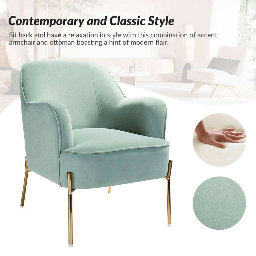 Sage Velvet and Gold Metal Mid-Century Modern Accent Chair