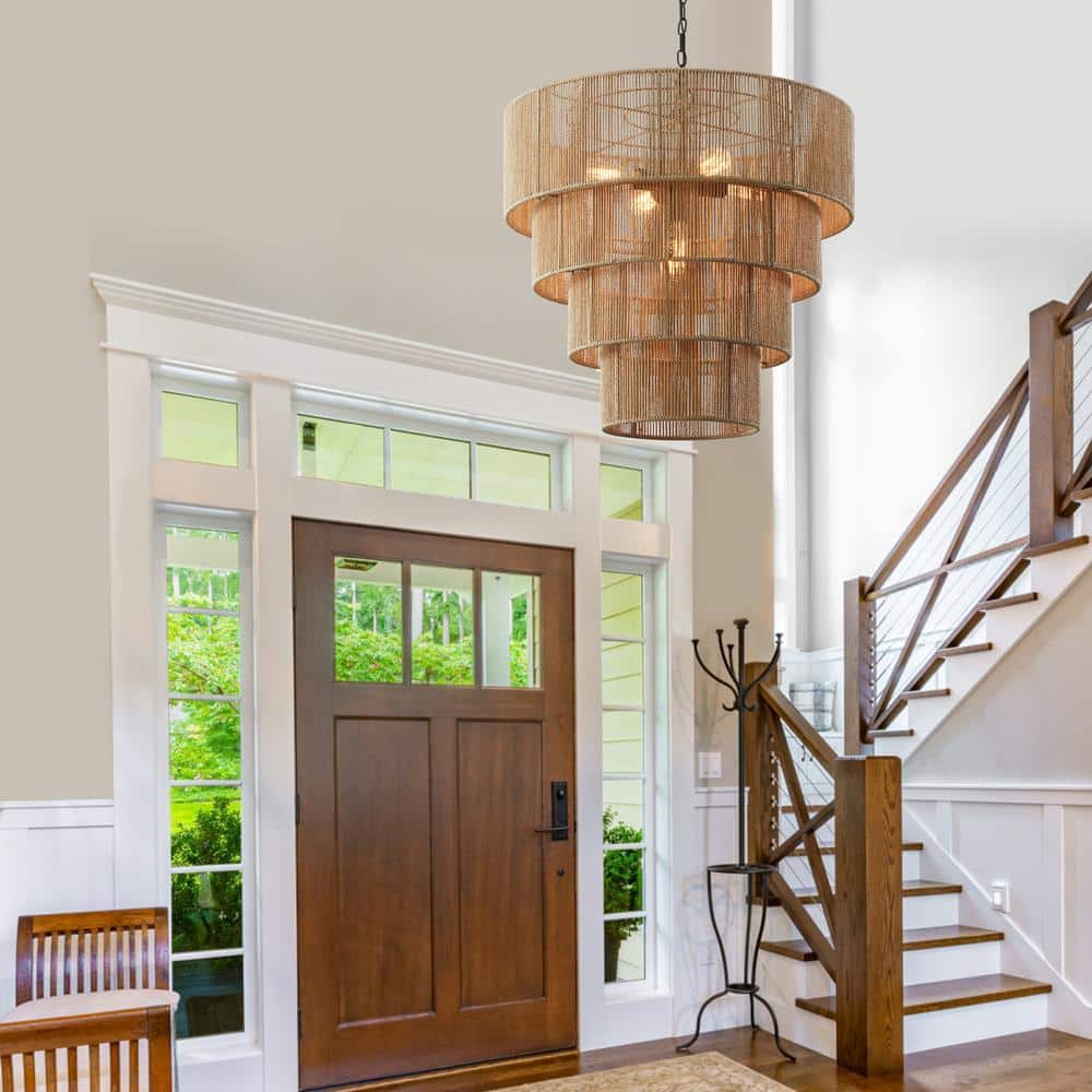 Beige Oversize 4-Tiered Rattan Pendant Light with Glass Shades