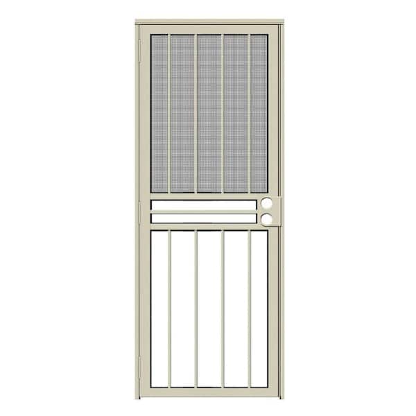Unique Home Designs 32 in. x 80 in. Paladin Almond Recessed Mount All Season Security Door with Insect Screen and Glass Inserts