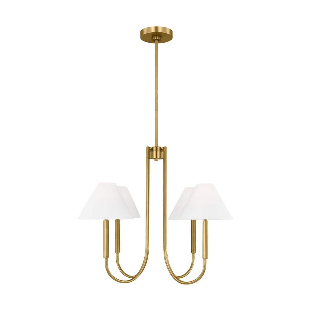 Satin Brass 5-Light Chandelier with White Linen Shades