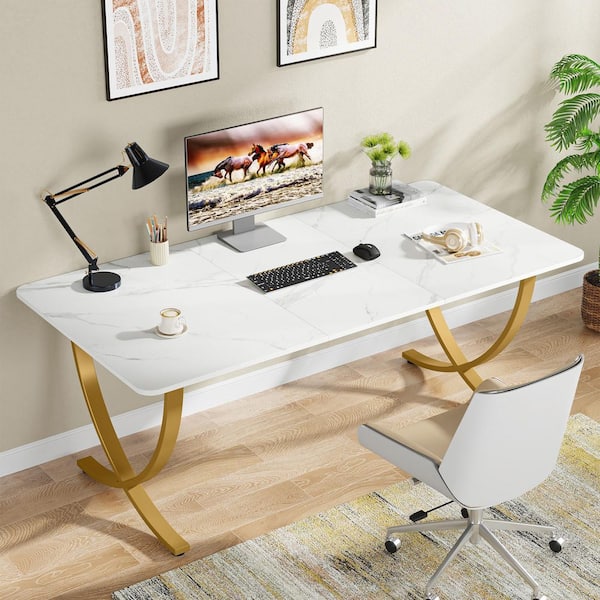 Cassey 63 in. Rectangular White Gold Modern Office Desk Executive Computer Desk Home Office Work Station