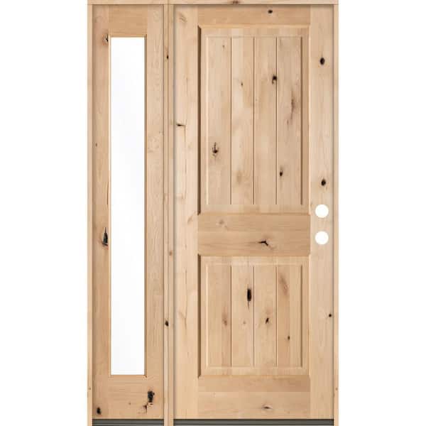 Krosswood Doors 46 in. x 80 in. Rustic Unfinished Knotty Alder Sq-Top VG Left-Hand Left Full Sidelite Clear Glass Prehung Front Door