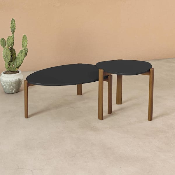 Manhattan Comfort Gales 32.44 in. Matte Black Round MDF Coffee Table with 18.11 in. End Table