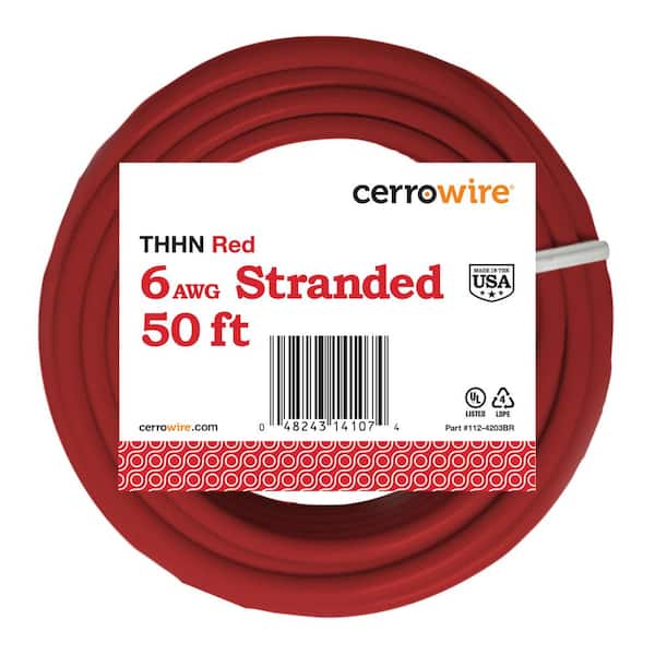 Cerrowire 50 ft. 6 Gauge Red Stranded Copper THHN Wire
