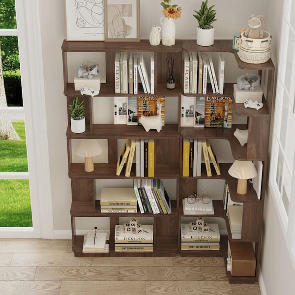 Breck 64.56 in. Tall 2-Piece Dark Brown Wood 5-Tier Freestanding L-Shaped Corner Bookcase for Living Room