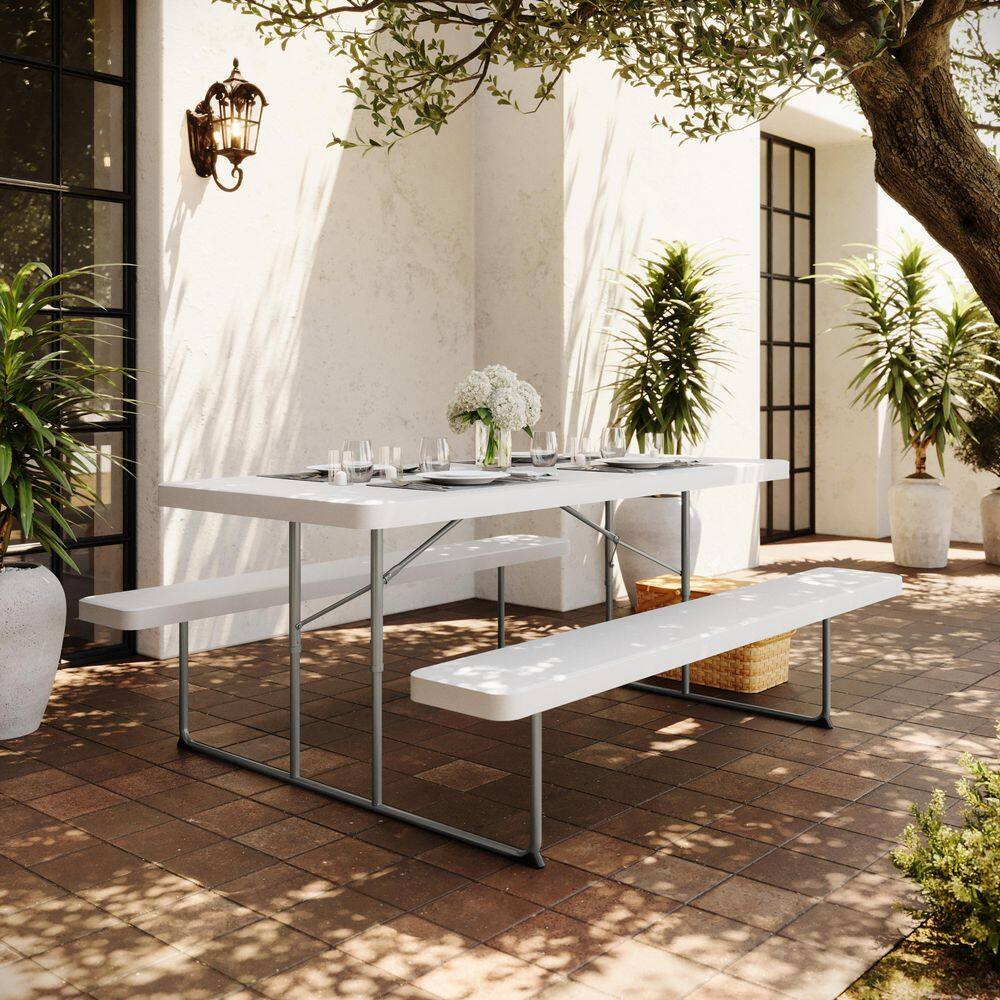 Insta-Fold Commercial Grade 59.5 in. Granite White Rectangle Foldable Steel Indoor-Outdoor Picnic Tables Seats 6 People