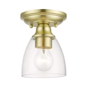Montgomery 5.375 in. 1-Light Satin Brass Petite Semi-Flush Mount with Clear Glass