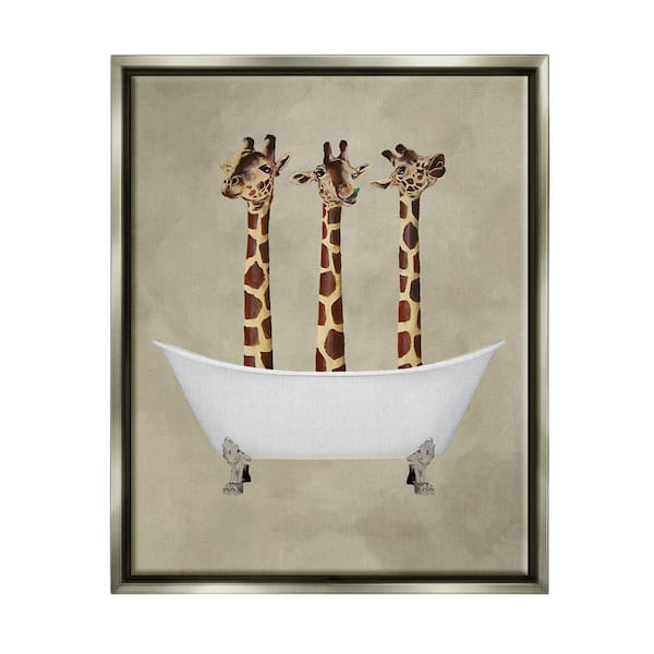 The Stupell Home Decor Collection Three Giraffes In A Bathtub by Coco de Paris Floater Frame Animal Wall Art Print 21 in. x 17 in.