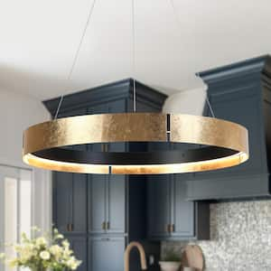 Modern 1-Light Round Integrated LED Chandeliers with Gold Foil Accent, Flat Black Pendant Light for Living Room