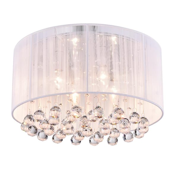 Edvivi Belle 4-Light Chrome Flush Mount with White Threaded Drum Shade and Clear Glass Hanging Crystals