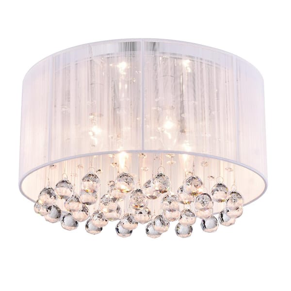 Edvivi Belle 4 Light Chrome Flush Mount With White Threaded Drum Shade And Clear Glass Hanging Crystals Ecb902wh Edvivi Belle 4 Light Chrome Flush Mount, Glass Drum Light Shade