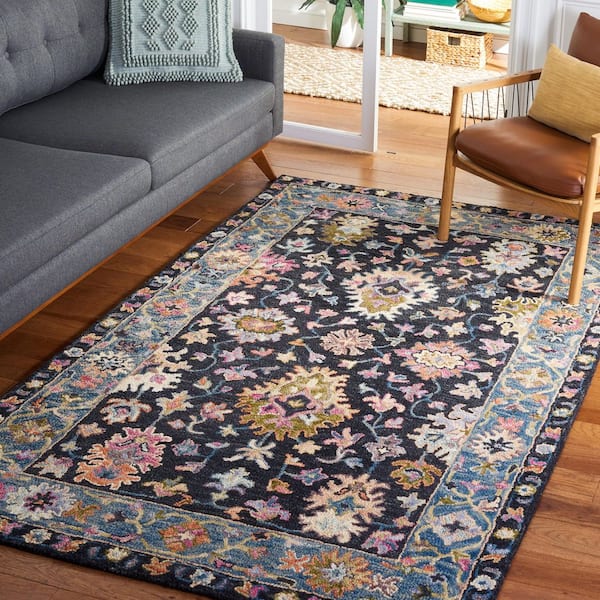 Aspen 5 ft. x 5 ft. Black/Light Blue Floral Border Square Area Rug