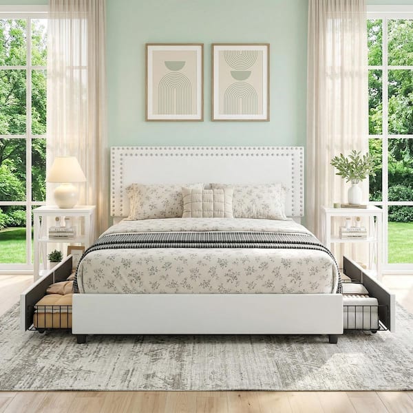3-Piece White Metal Queen Bedroom Set Upholstered Platform Bed w/ Storage Drawers and 2 Nightstands, Metal Frame Bed Set