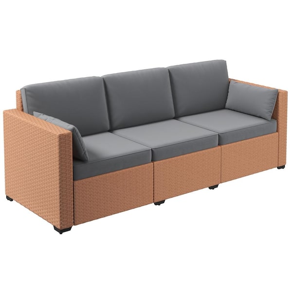 Sudzendf Brown 3-Seat Wicker Outdoor Patio Couch with Gray Cushions, Deep Seating